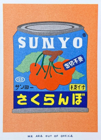 Colorful risograph art print of a Japanese can of cherries titled Canned Cherries by We Are Out Of Office, featuring bold retro typography and six-color rice-ink printing on Biotop 300g paper. Perfect wall art for pop art and Japanese design lovers.