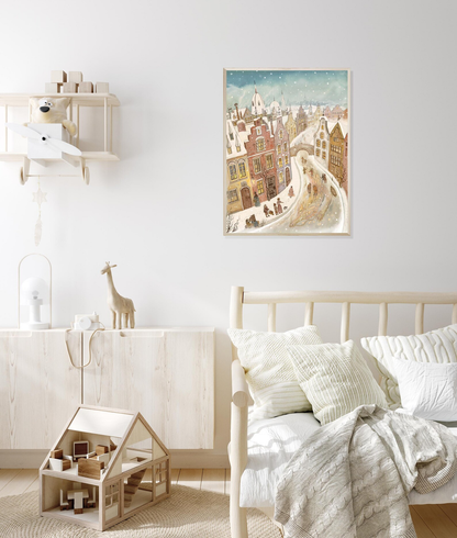 Snow Dragon art print by Lena Yampolski — whimsical winter city illustration featuring a golden dragon sleeping beneath a frozen canal, surrounded by people and snow-covered medieval houses. Cozy fairytale giclée print perfect for Christmas home decor.