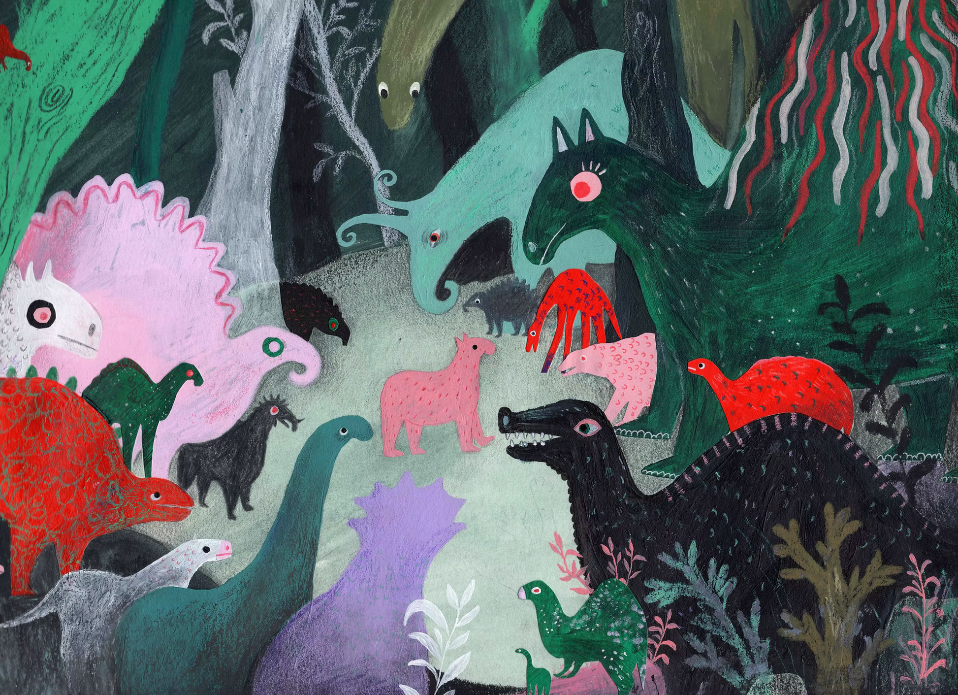 Whimsical dinosaur illustration art print by Louise de Meester showing colorful prehistoric animals in a dense jungle landscape with textured painterly style.