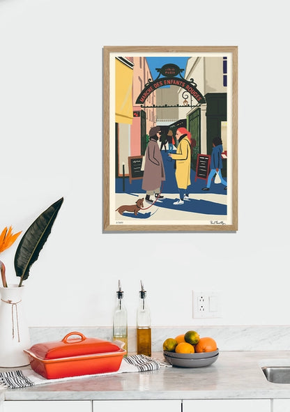 Colorful vintage-style Paris illustration art print of the "Marché des Enfants Rouges" by Paul Thurlby, featuring market visitors, street fashion, and a dachshund in a 50x70 cm fine art format.