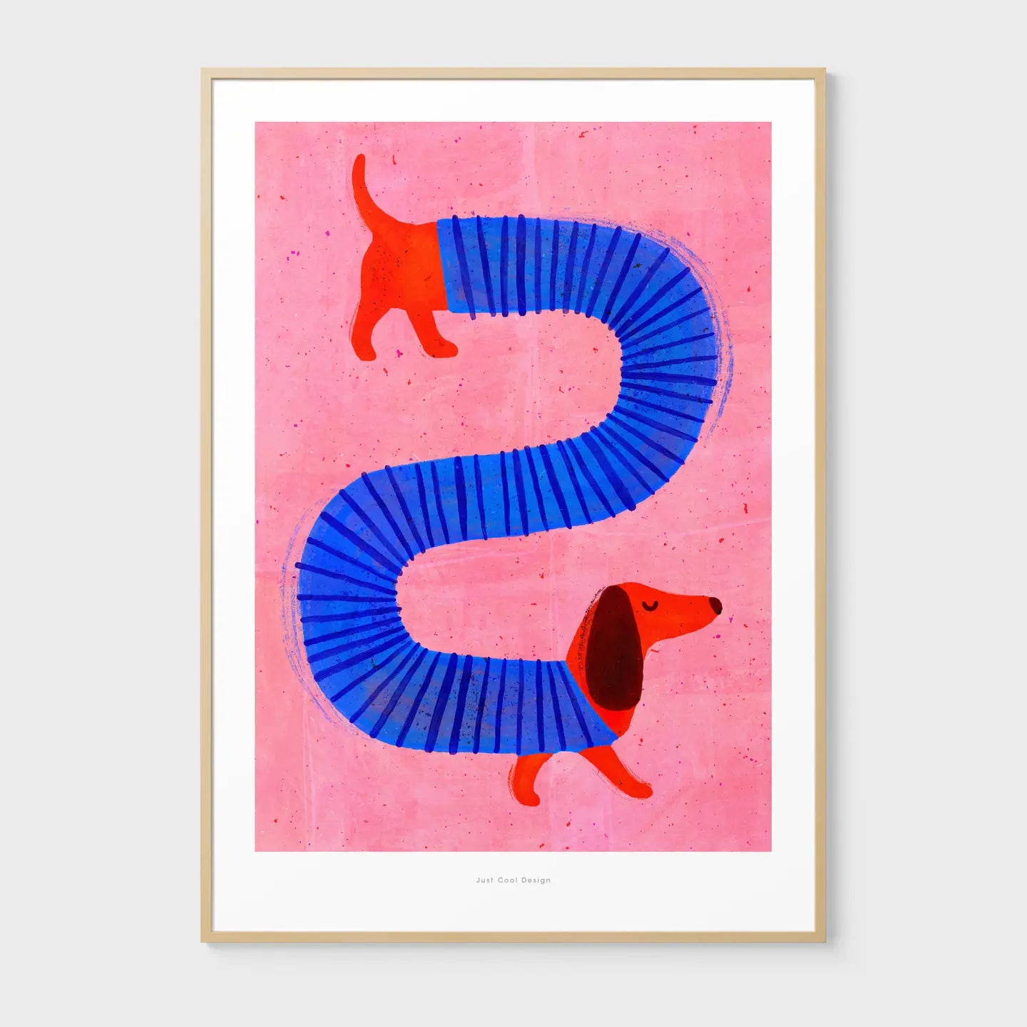 Playful illustration of a red sausage dog with a blue accordion body on a pink background by Just Cool Design – whimsical dachshund wall art print for modern and fun home decor, available at Galerie Frits