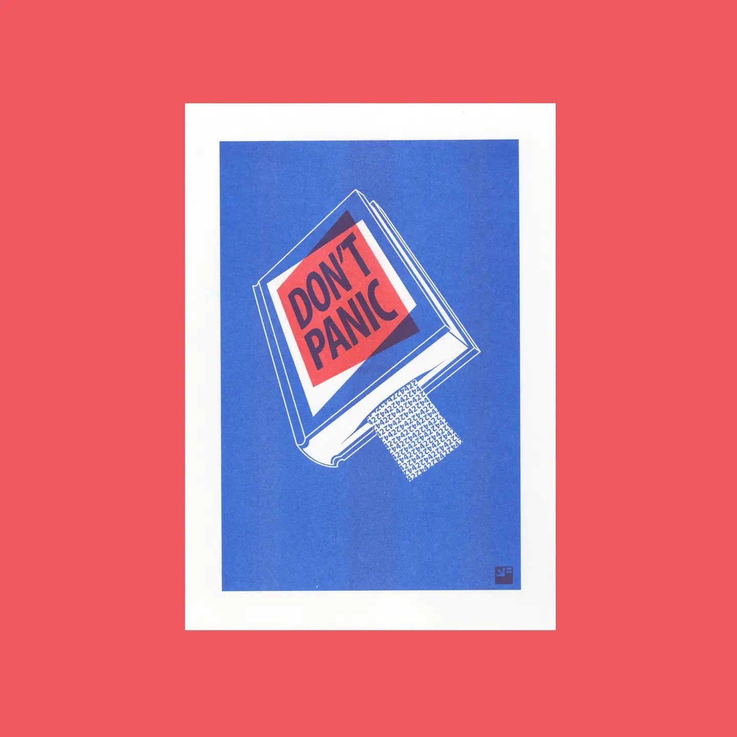 Risograph art print titled Book by VrijFormaat, featuring a blue book cover with bold red and black lettering reading “DON’T PANIC”, inspired by The Hitchhiker’s Guide to the Galaxy. Minimalist design printed in red and blue vegetable-based inks on Biotop paper, A4 size.