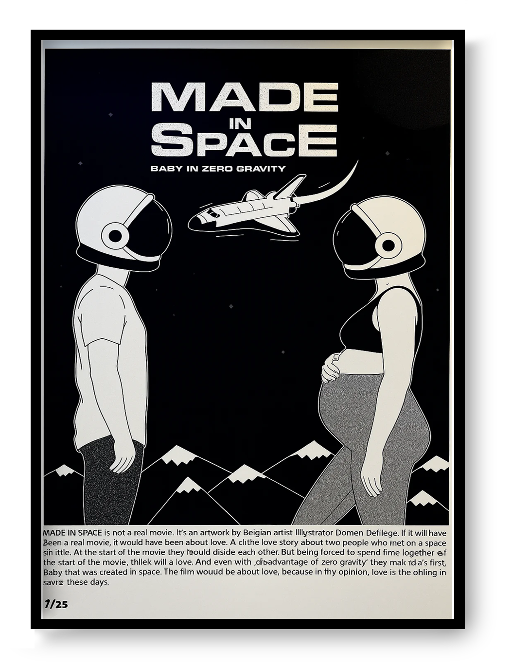 Black and white screenprint poster Made in Space by Studio Stoutpoep showing two astronauts facing each other with spaceship above in a minimalist graphic style.