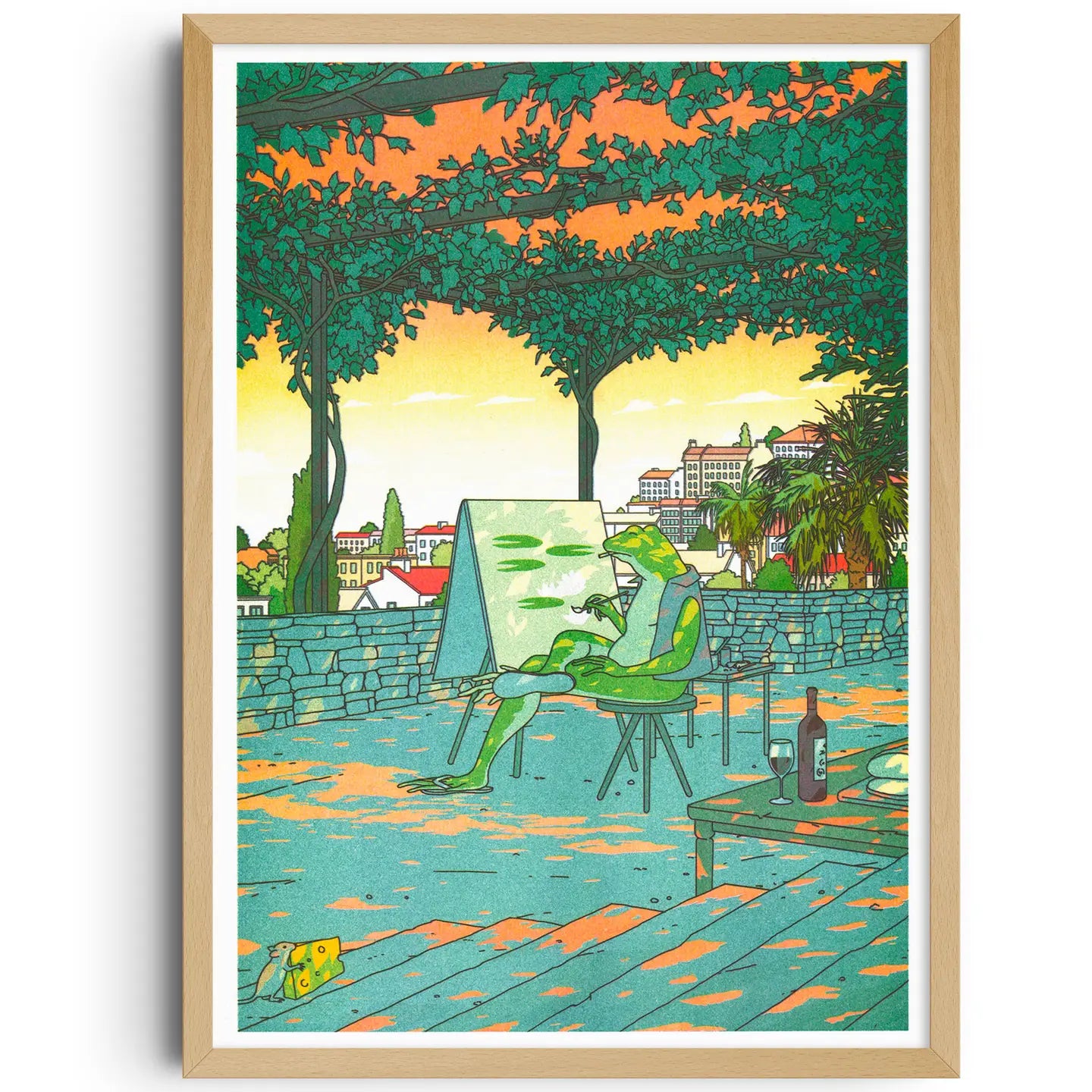 Risograph art print by Liam Cobb featuring a frog artist painting outdoors under leafy trees at sunset, with a glass of wine and city view in the background. Surreal, colorful, and contemplative illustration combining humor, nature, and modern design — perfect for art lovers and collectors in Belgium, the Netherlands, France, and Germany.