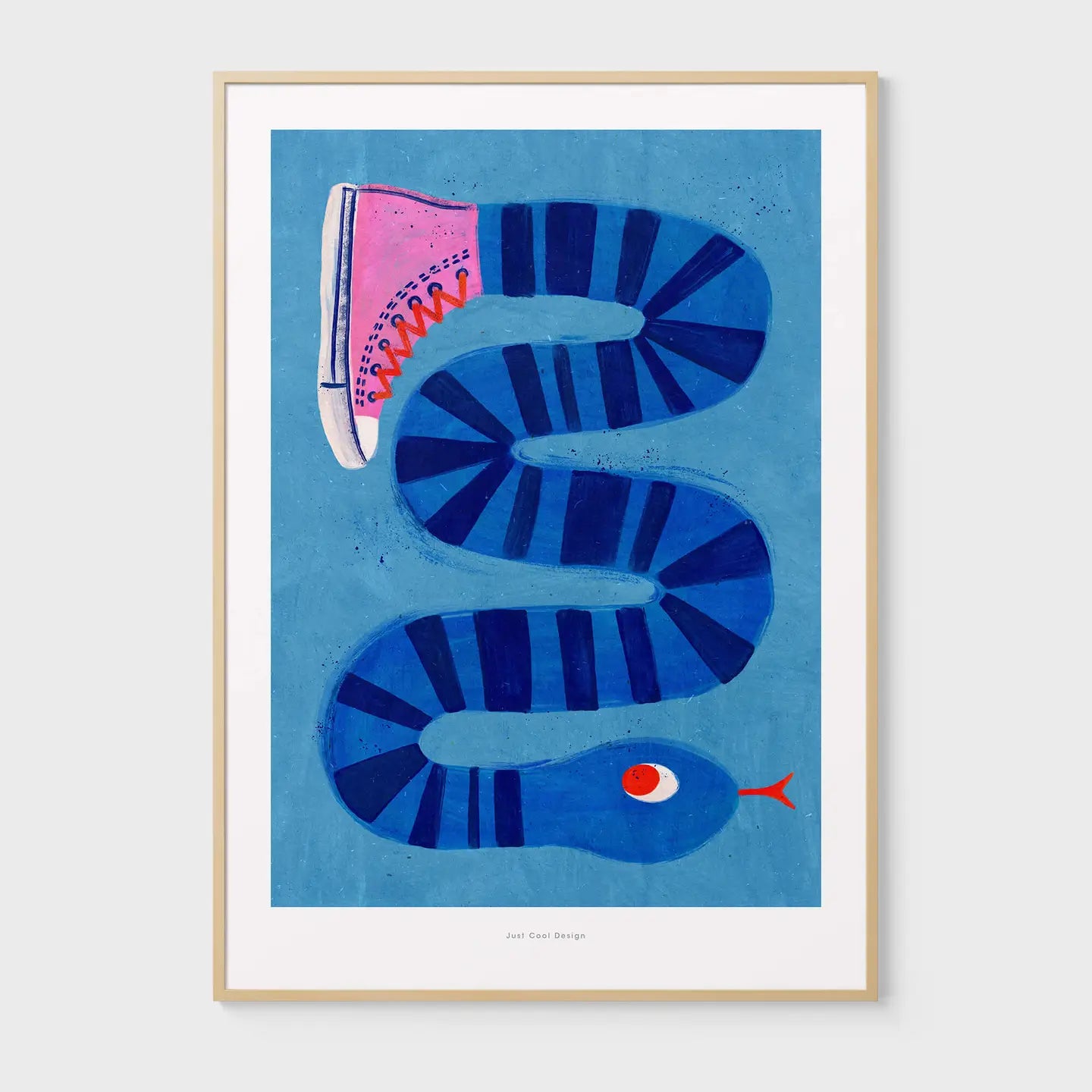 Colorful surreal illustration print by Just Cool Design featuring a long blue striped snake wearing a single pink sneaker, set against a bright blue background. Modern, quirky wall art for playful interiors and design lovers.