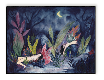Watercolor art print "Moonlit Forest" by Kim Timmermans, depicting two nude women resting in a lush forest at night under a crescent moon. Surrounded by vibrant tropical foliage in deep blues and greens, creating a mysterious and atmospheric wall art piece.