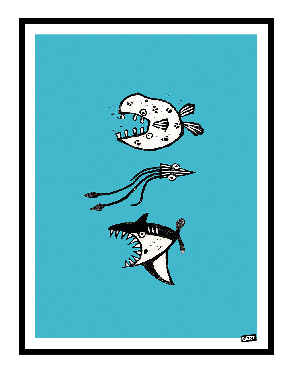 3 Fish (lino) by Gert Paenen, original linocut-style fish illustration reproduced as a digital art print with black graphic fish on a bright blue background.