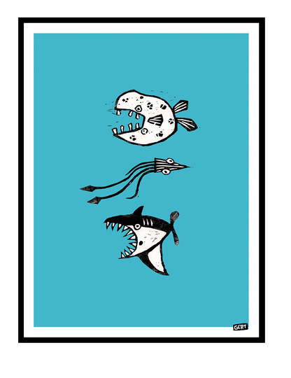3 Fish (lino) by Gert Paenen, original linocut-style fish illustration reproduced as a digital art print with black graphic fish on a bright blue background.