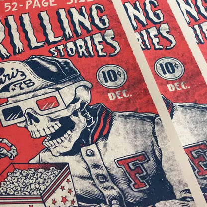 Retro horror comic style art print featuring a skeleton wearing 3D glasses eating popcorn, illustrated in bold red and blue vintage pulp magazine style, 30 x 40 cm wall art for cinema lovers and pop culture interiors