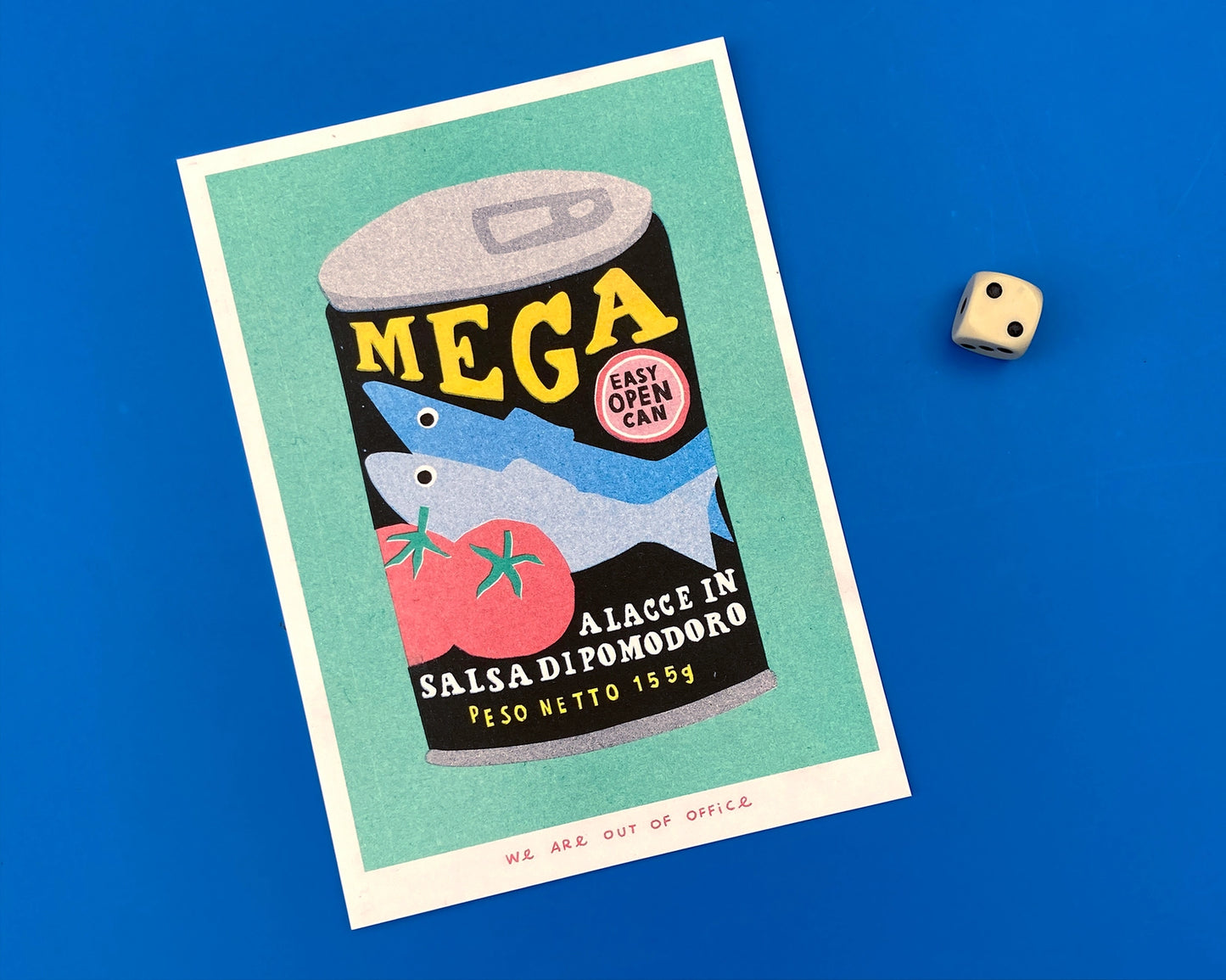 Colorful risograph print titled Can Mega Sardines by Dutch studio We Are Out Of Office, featuring a vintage-style sardine can design with tomatoes and bold typography, printed with eco-friendly soy inks on Biotop 300g paper — perfect for modern kitchen or pop art lovers.