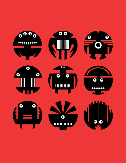 Graphic robot characters illustration in bold black shapes on red background, modern geometric robot wall art print for kids room or creative studio decor