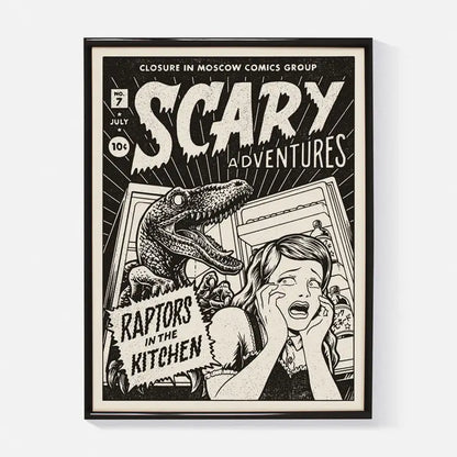 Raptor art print by Yeaaah! Studio featuring retro black-and-white comic cover design with a terrified woman, an open fridge, and a velociraptor inside. Includes text “Raptors in the Kitchen,” printed on 30x40 cm Old Mill Premium White 300g paper, digital print, unframed, made in France.