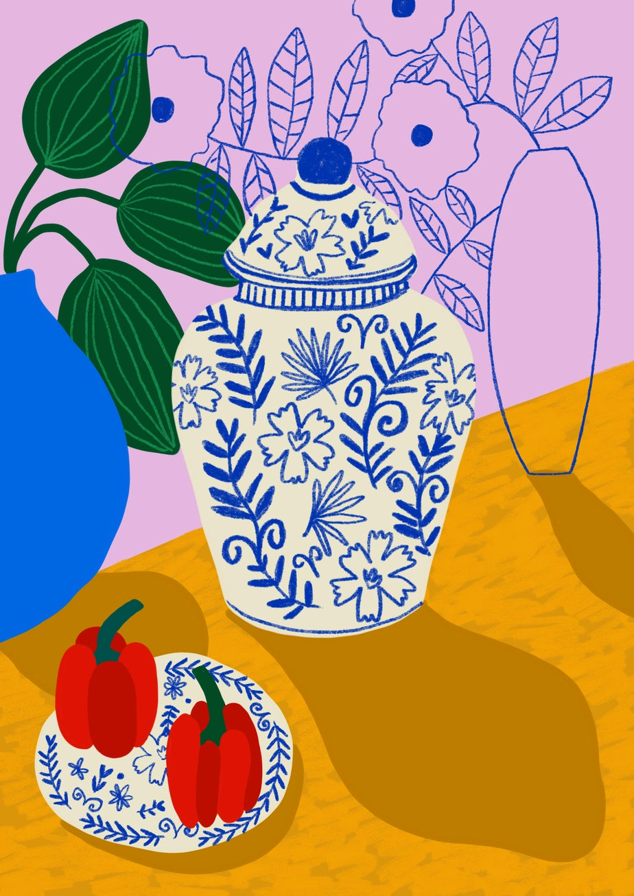 Colourful vertical still life by Teresa Rego featuring blue-and-white porcelain, red peppers and green leaves against pink and mustard tones, printed as an A3 giclée for kitchen or dining room wall art.