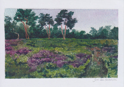 Peaceful countryside landscape print titled Landscape 3 by Belgian illustrator Stien van Kerckhoven, featuring green heath fields and purple wildflowers – A5 size fine art print made in Belgium.