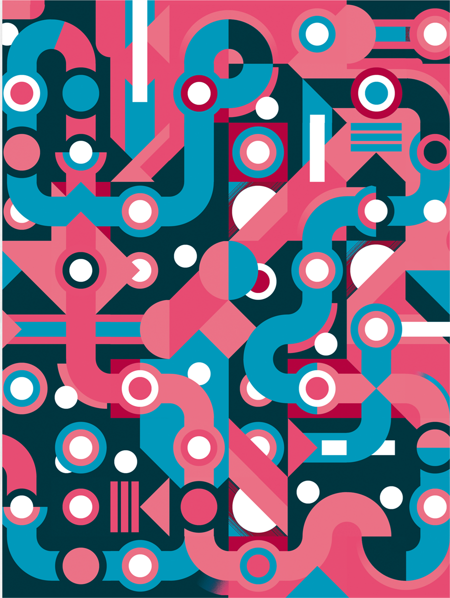 Colorful abstract geometric art print with flowing blue and pink lines, circles, and shapes forming a maze-like pattern. Modern wall art by Belgian illustrator Gert Paenen of Studio Frits, perfect for contemporary interiors and design lovers.