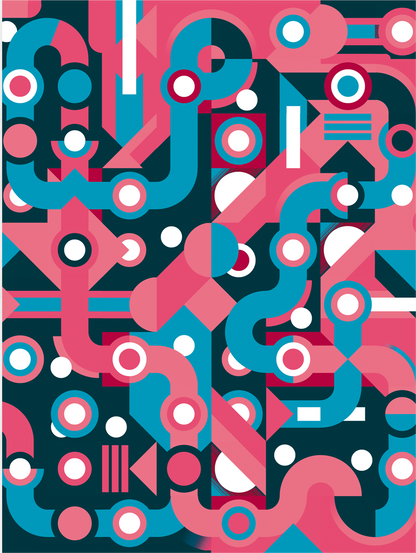 Colorful abstract geometric art print with flowing blue and pink lines, circles, and shapes forming a maze-like pattern. Modern wall art by Belgian illustrator Gert Paenen of Studio Frits, perfect for contemporary interiors and design lovers.