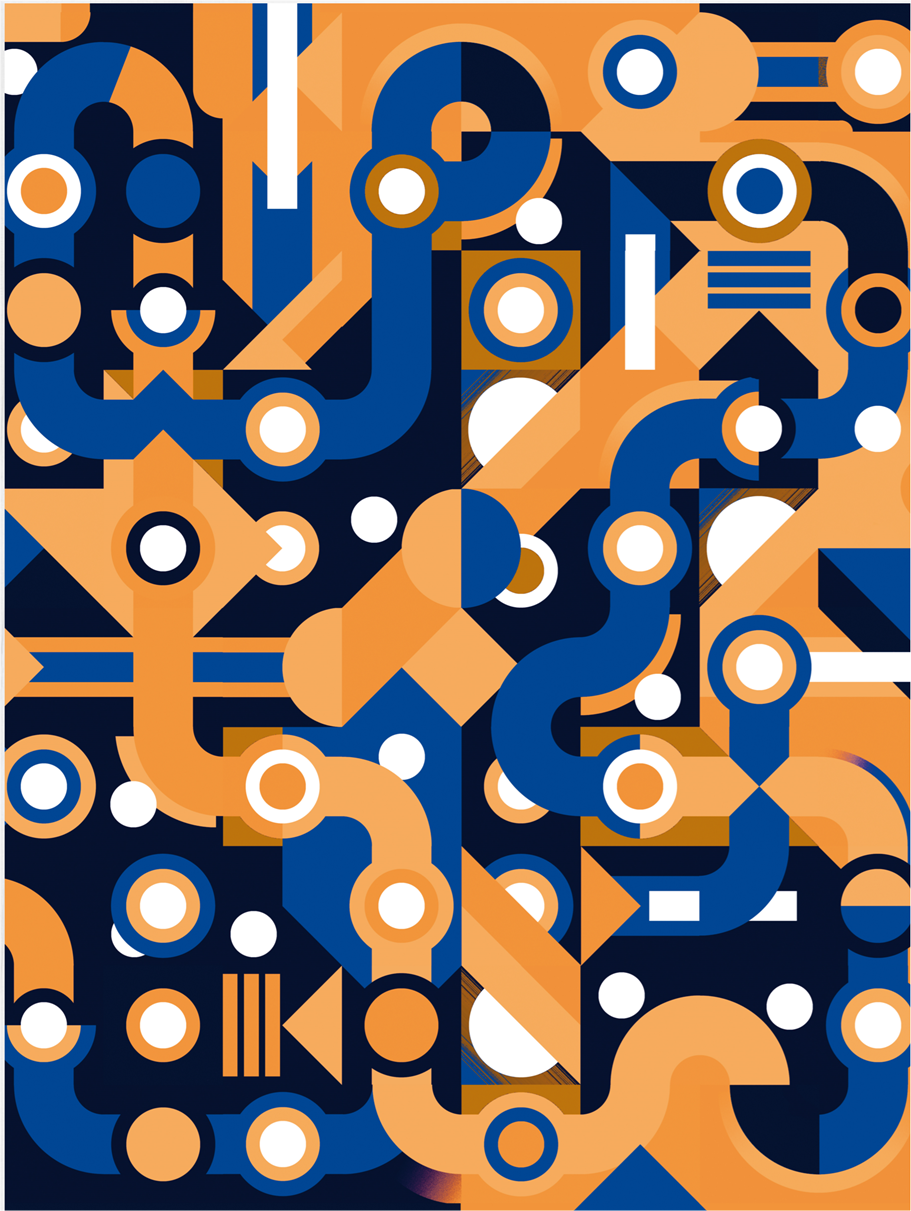 Colorful abstract geometric art print with flowing blue and orange lines, circles, and shapes forming a maze-like pattern. Modern wall art by Belgian illustrator Gert Paenen of Studio Frits, perfect for contemporary interiors and design lovers.