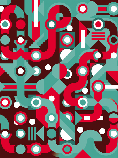 Colorful abstract geometric art print with flowing teal and red lines, circles, and shapes forming a maze-like pattern. Modern wall art by Belgian illustrator Gert Paenen of Studio Frits, perfect for contemporary interiors and design lovers.