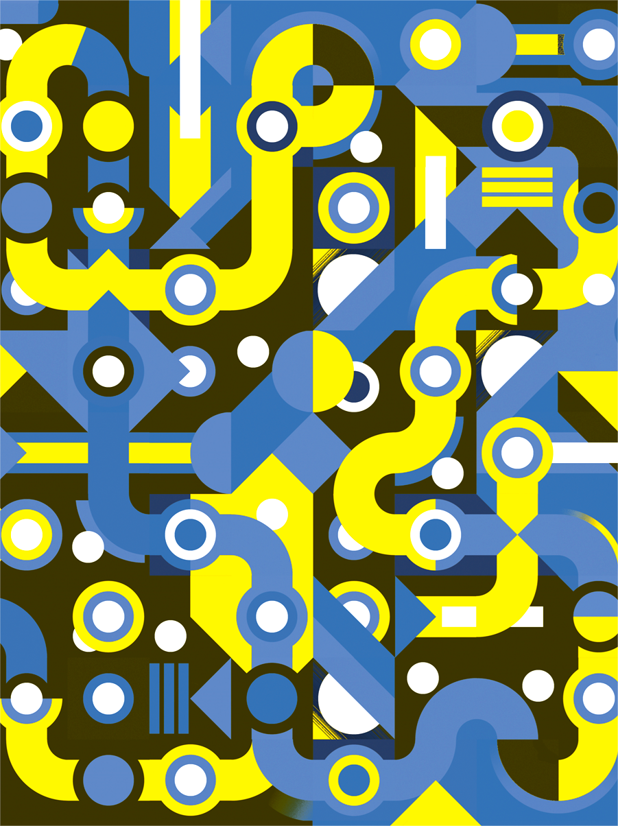 Colorful abstract geometric art print with flowing blue and yellow lines, circles, and shapes forming a maze-like pattern. Modern wall art by Belgian illustrator Gert Paenen of Studio Frits, perfect for contemporary interiors and design lovers.