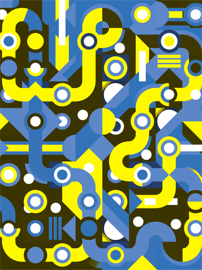 Colorful abstract geometric art print with flowing blue and yellow lines, circles, and shapes forming a maze-like pattern. Modern wall art by Belgian illustrator Gert Paenen of Studio Frits, perfect for contemporary interiors and design lovers.