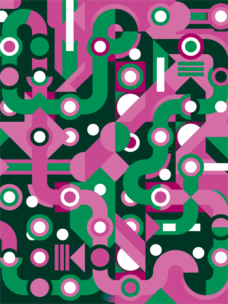 Colorful abstract geometric art print with flowing green and pink lines, circles, and shapes forming a maze-like pattern. Modern wall art by Belgian illustrator Gert Paenen of Studio Frits, perfect for contemporary interiors and design lovers.