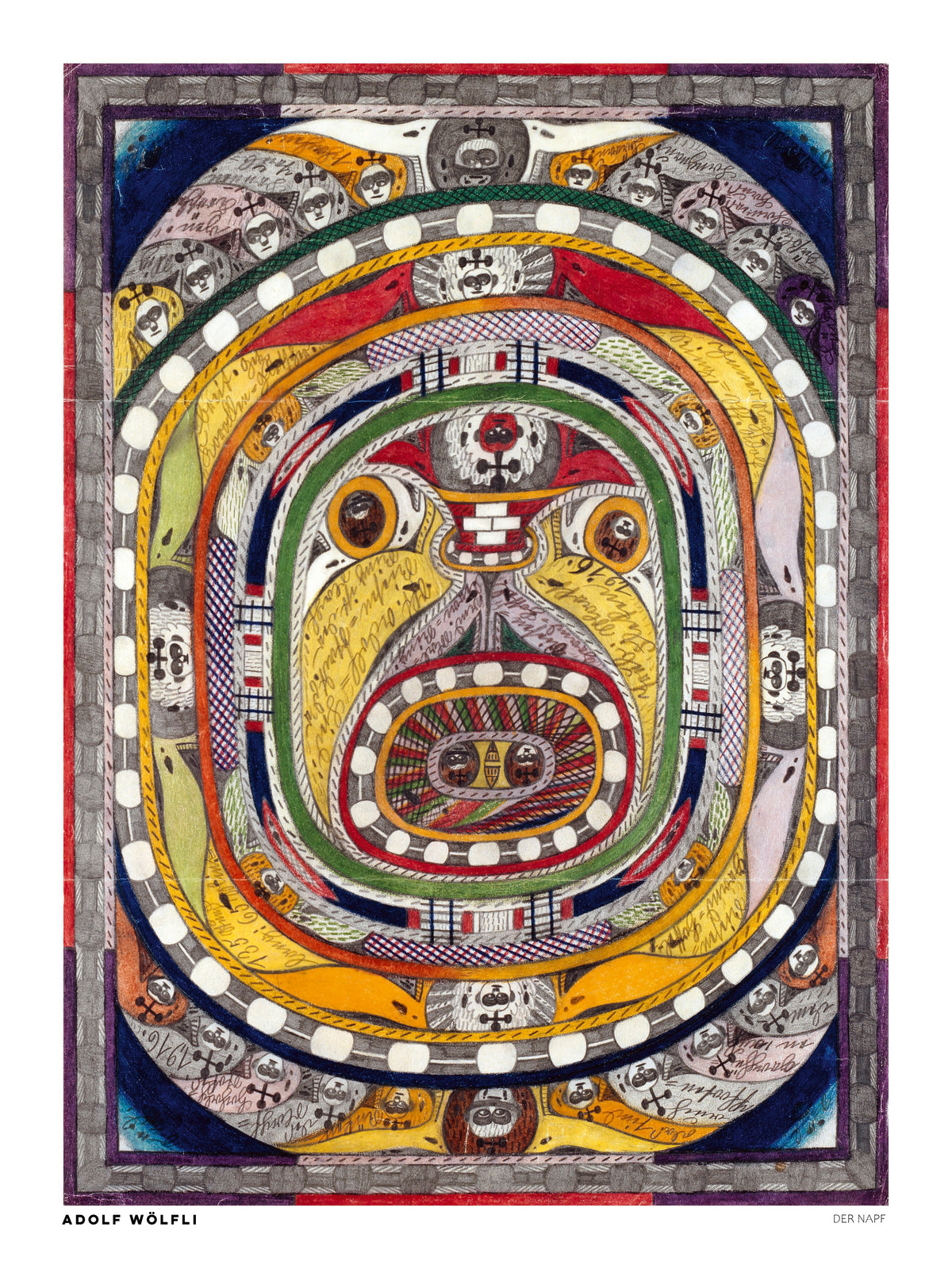 Der Napf by Adolf Wölfli, vertical Art Brut illustration featuring intricate concentric patterns, faces, handwritten details, and vivid yellow, red, blue, and green tones. Digital wall art print for eclectic interiors.