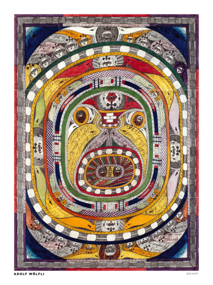 Der Napf by Adolf Wölfli, vertical Art Brut illustration featuring intricate concentric patterns, faces, handwritten details, and vivid yellow, red, blue, and green tones. Digital wall art print for eclectic interiors.