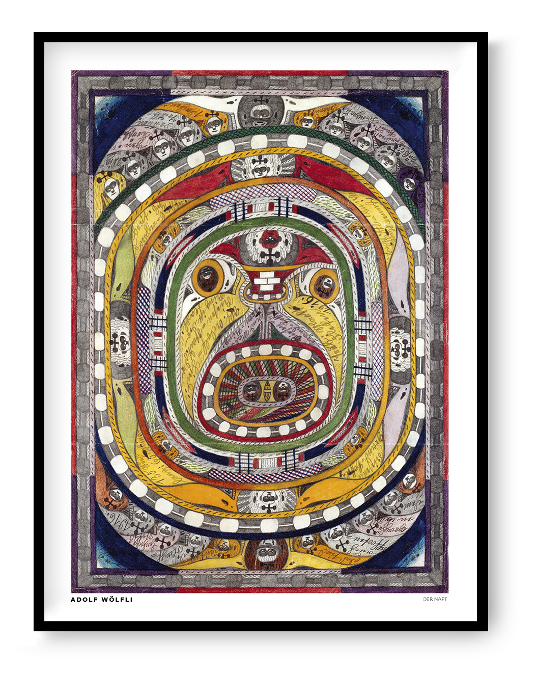 Der Napf by Adolf Wölfli, vertical Art Brut illustration featuring intricate concentric patterns, faces, handwritten details, and vivid yellow, red, blue, and green tones. Digital wall art print for eclectic interiors.