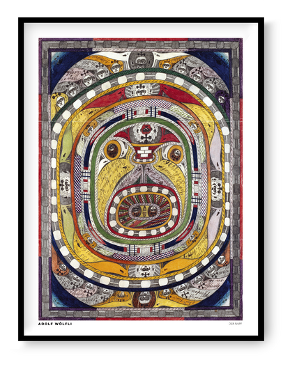 Der Napf by Adolf Wölfli, vertical Art Brut illustration featuring intricate concentric patterns, faces, handwritten details, and vivid yellow, red, blue, and green tones. Digital wall art print for eclectic interiors.