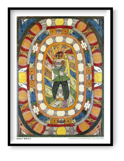Adolf Wölfli's colorful abstract composition with concentric oval patterns, expressive faces, and bold orange, yellow, blue, red and green details. Vertical digital art print for eclectic wall decor.