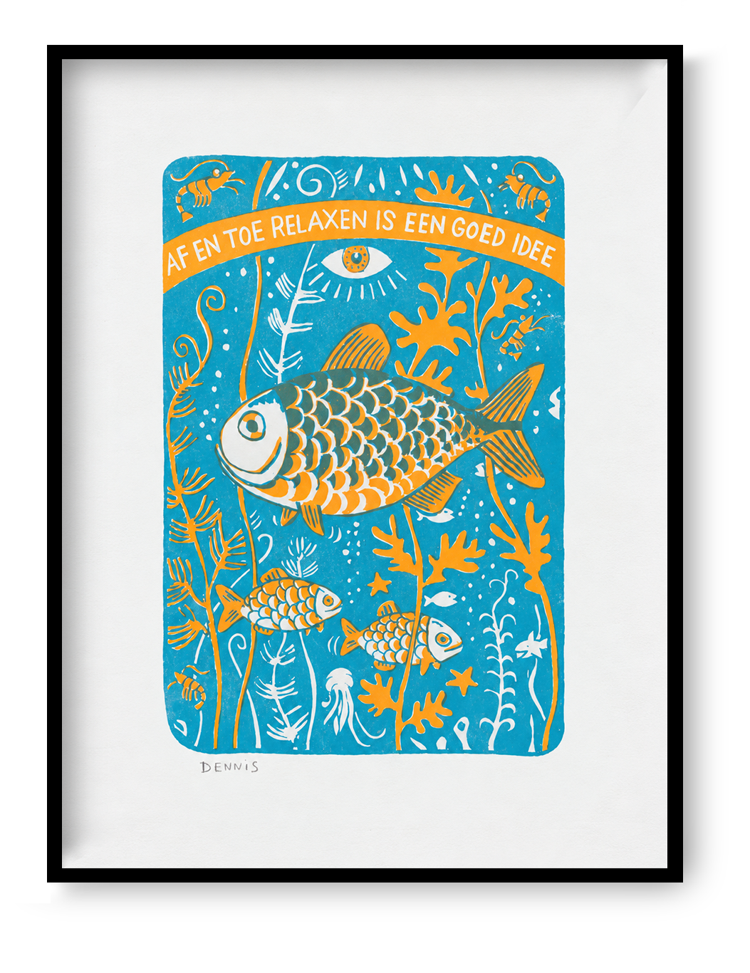 Two-colour screen print by Dennis Dellaert featuring playful orange and turquoise fish swimming among underwater plants, in a retro folk-art style. Vertical 30 × 40 cm wall art for cheerful home decor.