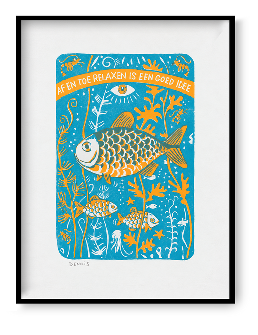 Two-colour screen print by Dennis Dellaert featuring playful orange and turquoise fish swimming among underwater plants, in a retro folk-art style. Vertical 30 × 40 cm wall art for cheerful home decor.