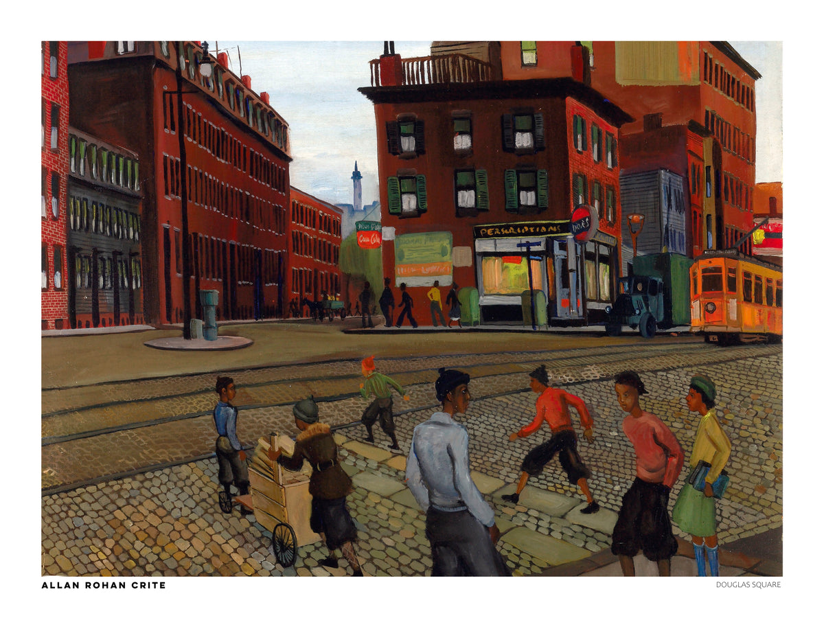 Douglas Square by Allan Rohan Crite, horizontal vintage urban painting of people on a cobblestone street with red brick buildings, an orange tram, and warm earthy colors. Digital wall art print for living rooms.