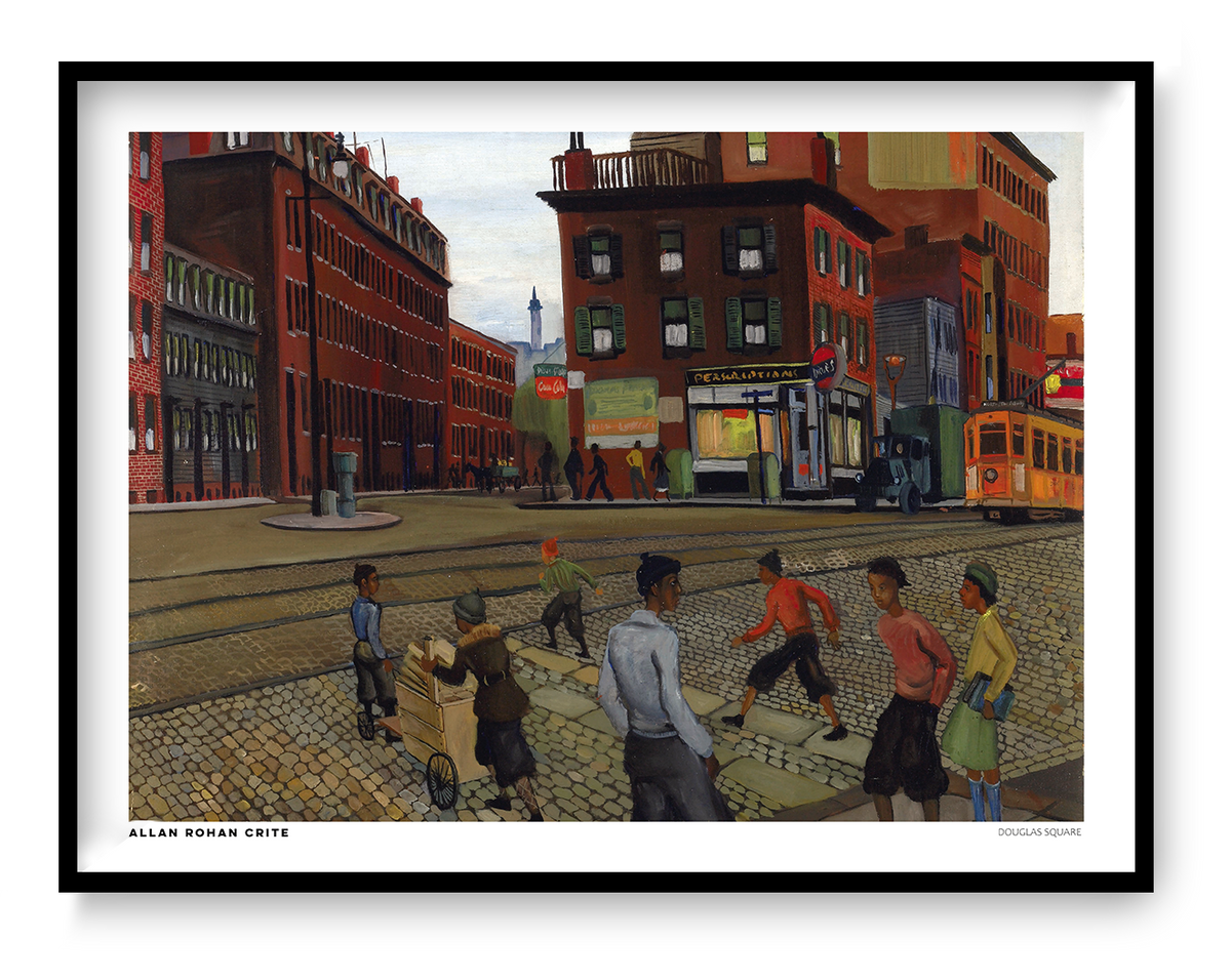 Douglas Square by Allan Rohan Crite, horizontal vintage urban painting of people on a cobblestone street with red brick buildings, an orange tram, and warm earthy colors. Digital wall art print for living rooms.