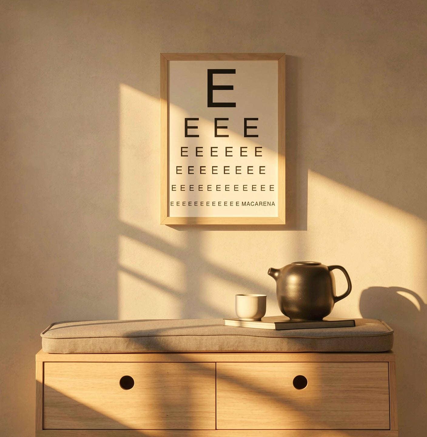 Minimalist eye chart illustration spelling "Macarena" on the final line, black typography on a white background. Contemporary digital art print in portrait format, ideal for modern home decor and music lovers.
