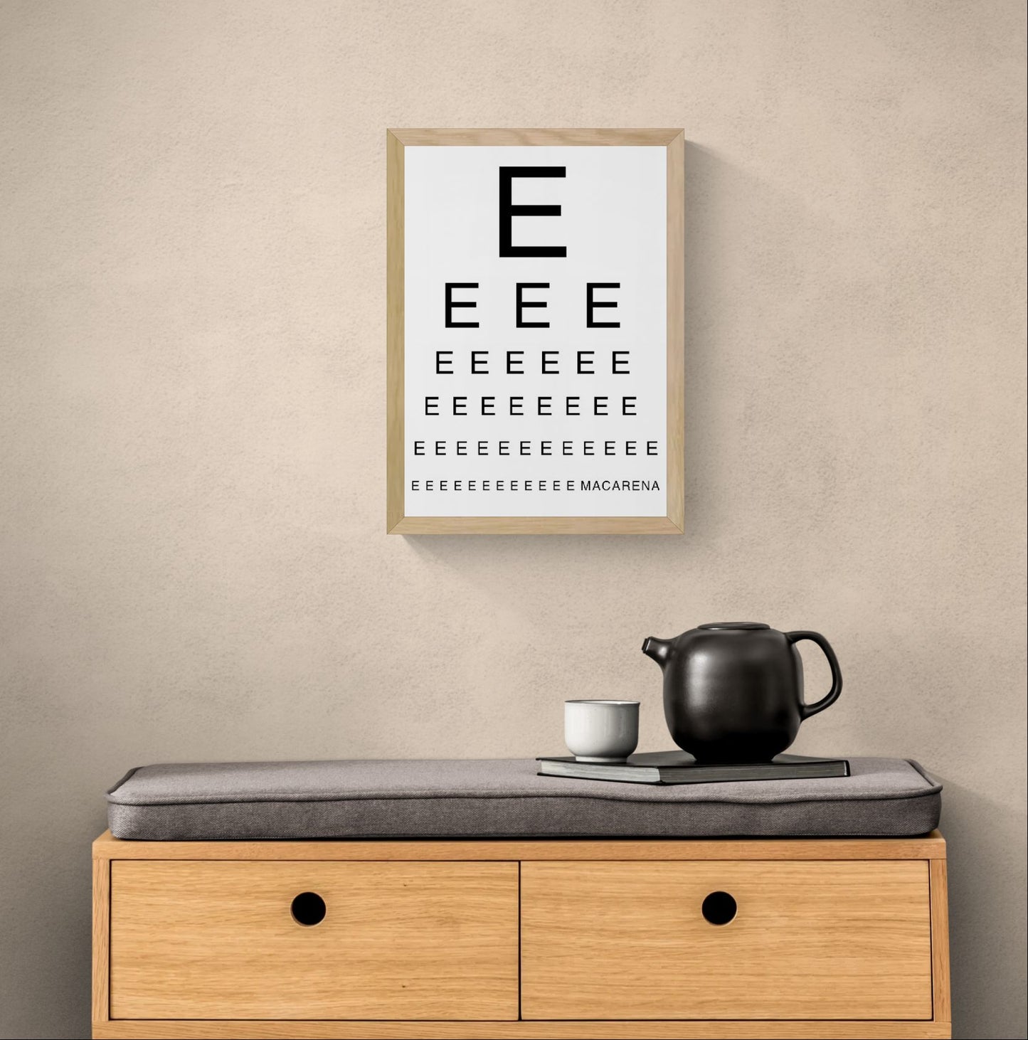 Minimalist eye chart illustration spelling "Macarena" on the final line, black typography on a white background. Contemporary digital art print in portrait format, ideal for modern home decor and music lovers.
