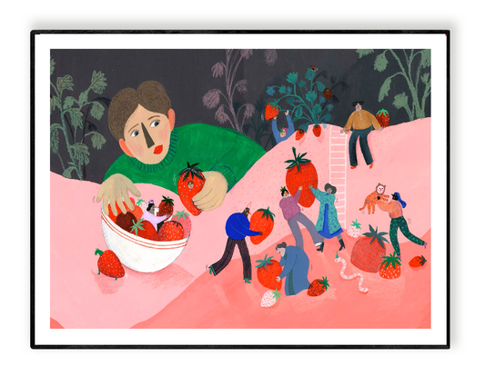 Digital art print "Aardbeien" by Belgian illustrator Louise de Meester, featuring bright red strawberries in a whimsical, textured style. Perfect for colorful kitchen decor and contemporary illustration lovers.