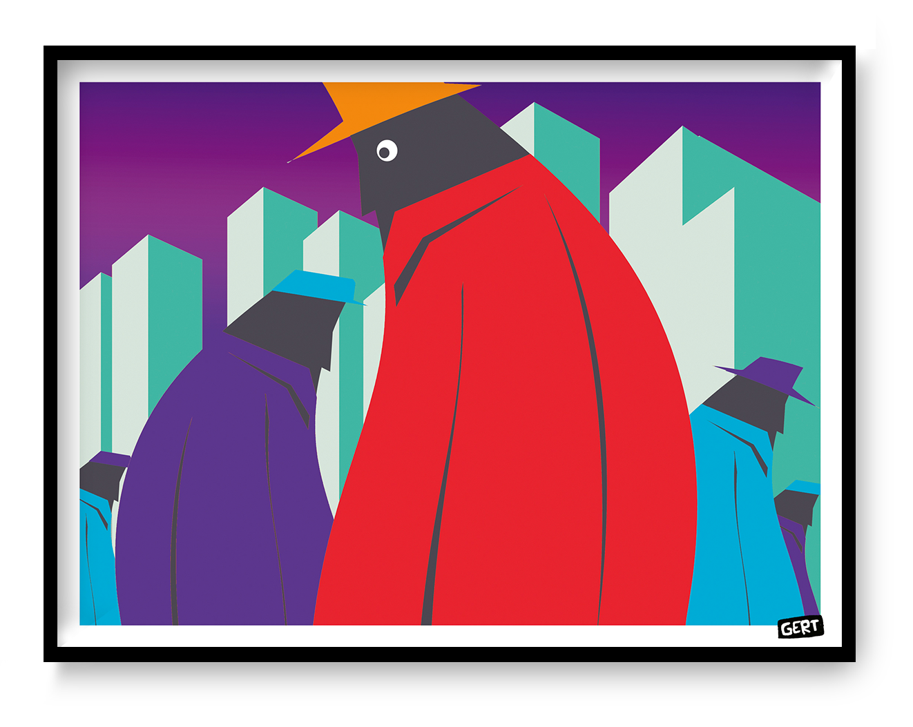 Against the Stream by Gert Paenen, colorful digital art print featuring abstract geometric figures walking through a modern cityscape in bold red, purple, turquoise, and black tones.