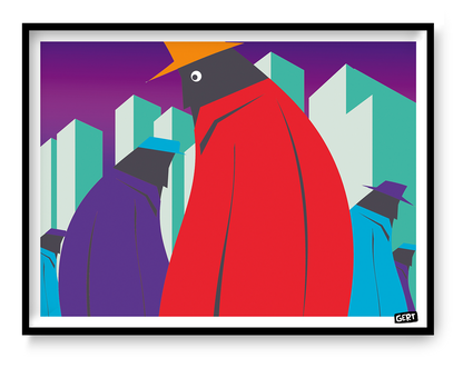Against the Stream by Gert Paenen, colorful digital art print featuring abstract geometric figures walking through a modern cityscape in bold red, purple, turquoise, and black tones.