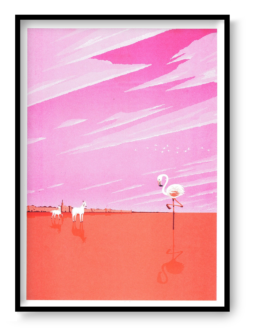 Pink and coral vertical risograph print of Aigues-Mortes in the Camargue by Ito Kenske, featuring a flamingo, white horses and reflective water, ideal as colourful contemporary wall art.