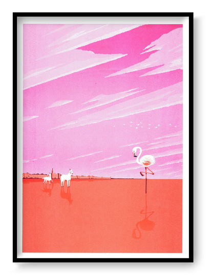 Pink and coral vertical risograph print of Aigues-Mortes in the Camargue by Ito Kenske, featuring a flamingo, white horses and reflective water, ideal as colourful contemporary wall art.