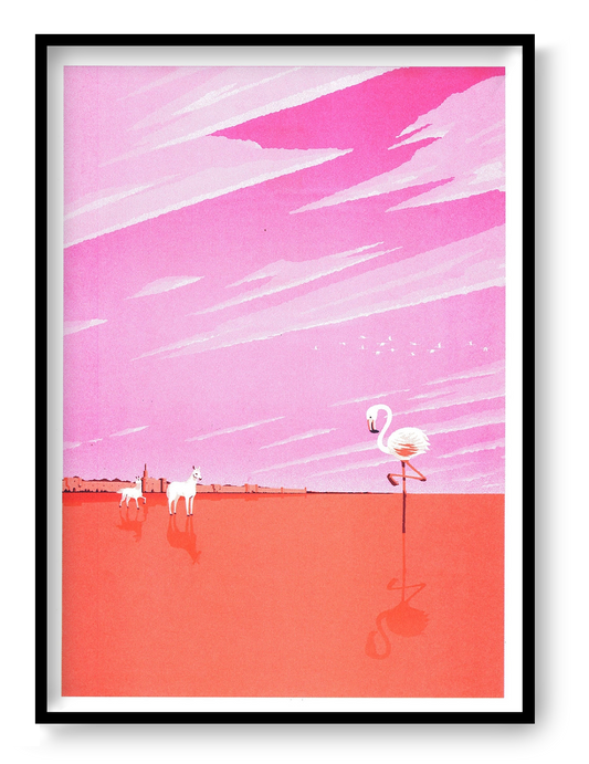 Pink and coral vertical risograph print of Aigues-Mortes in the Camargue by Ito Kenske, featuring a flamingo, white horses and reflective water, ideal as colourful contemporary wall art.