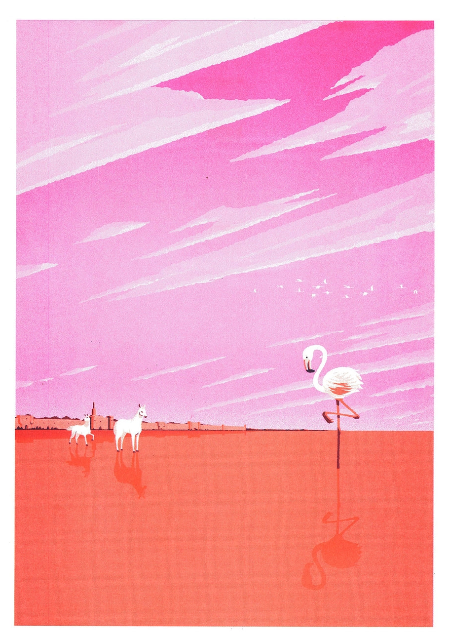 Pink and coral vertical risograph print of Aigues-Mortes in the Camargue by Ito Kenske, featuring a flamingo, white horses and reflective water, ideal as colourful contemporary wall art.
