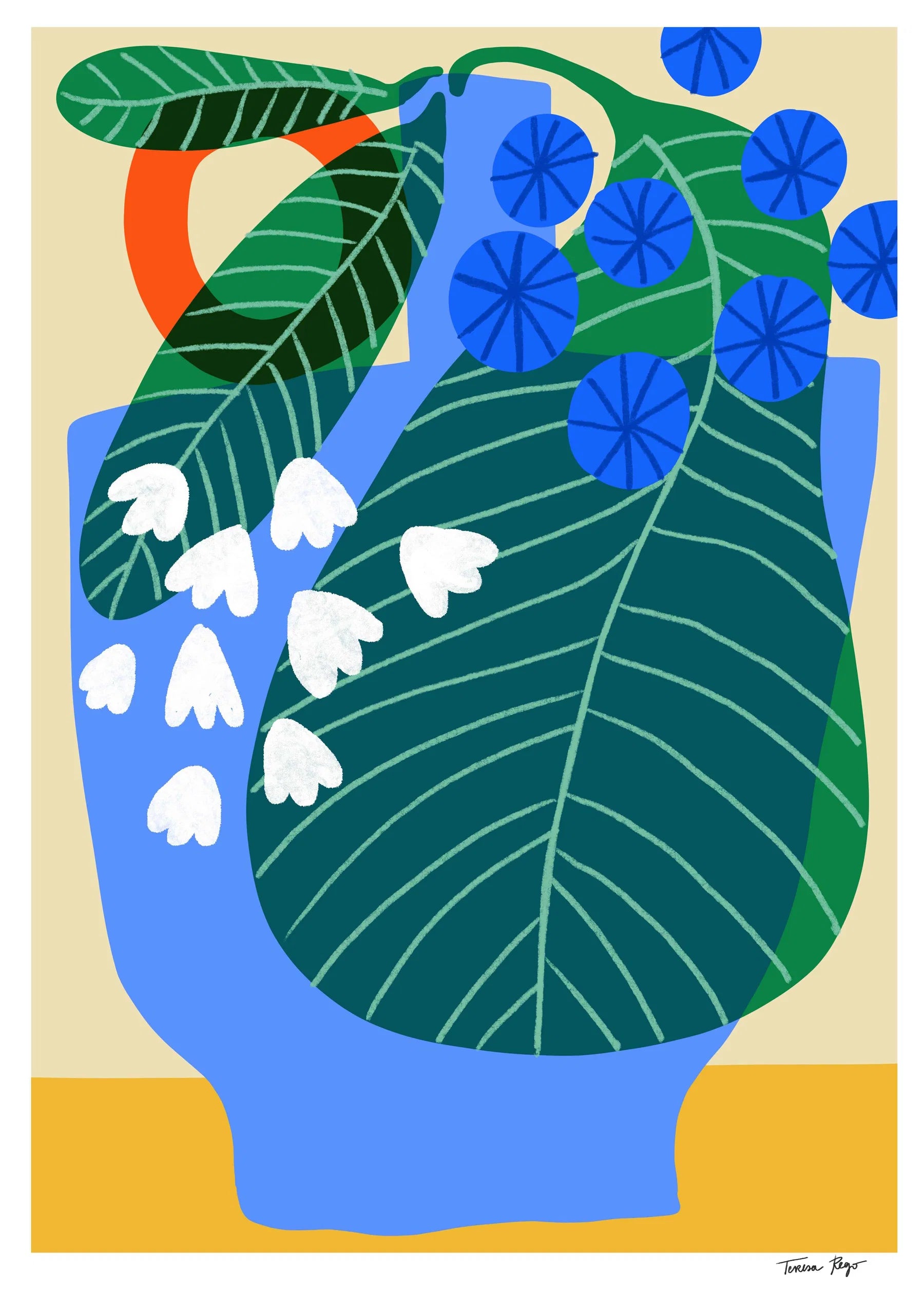 Colourful vertical giclée print by Teresa Rego featuring oversized green Alocasia leaves, blue berries and white flowers in a bold contemporary botanical style.