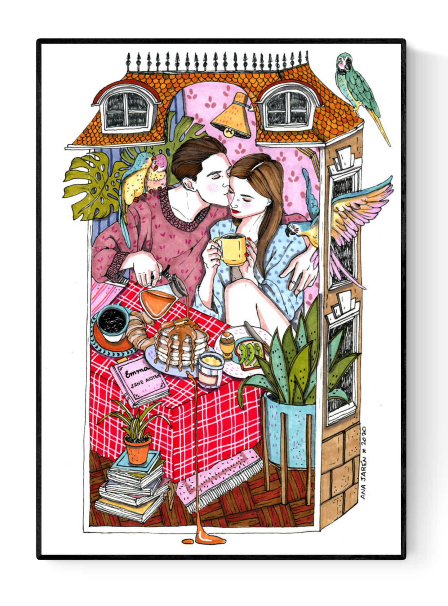 Romantic illustration by Ana Jarén of a couple sharing brunch in bed, surrounded by tropical plants, birds, and cozy details – A4 art print on acid-free paper, perfect for lovers of intimate, everyday life scenes.