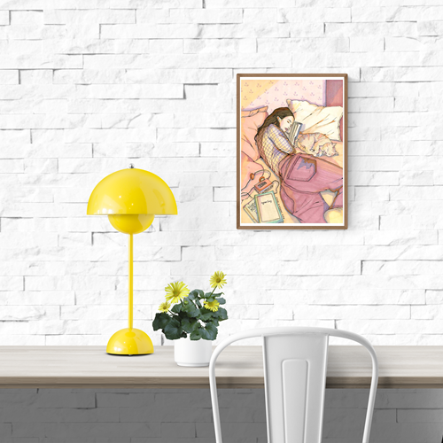 Illustration of a young woman napping with a book in hand, a sleeping cat beside her, and vintage objects like a Walkman on the bed – Morning nap by Ana Jarén, A4 art print.