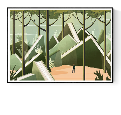 Surreal art print ‘Deep Read’ by Ana Yael featuring a solitary figure walking through a forest of oversized green books resembling mountains, symbolizing the immersive journey of reading. Ideal for book lovers, dreamers, and modern interior decor. Available at Galerie Frits