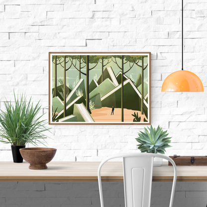 Surreal art print ‘Deep Read’ by Ana Yael featuring a solitary figure walking through a forest of oversized green books resembling mountains, symbolizing the immersive journey of reading. Ideal for book lovers, dreamers, and modern interior decor. Available at Galerie Frits