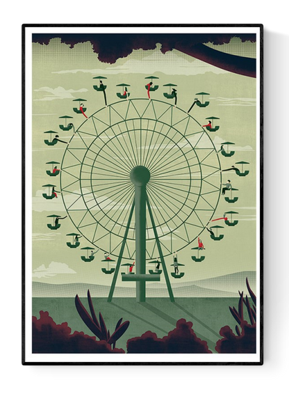 Conceptual art print of a Ferris wheel with repeated seated figures by Ana Yael – surreal illustration exploring individuality and routine in muted green and red tones, perfect for modern interiors and art lovers seeking thoughtful wall decor