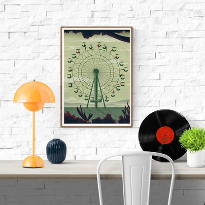 Conceptual art print of a Ferris wheel with repeated seated figures by Ana Yael – surreal illustration exploring individuality and routine in muted green and red tones, perfect for modern interiors and art lovers seeking thoughtful wall decor